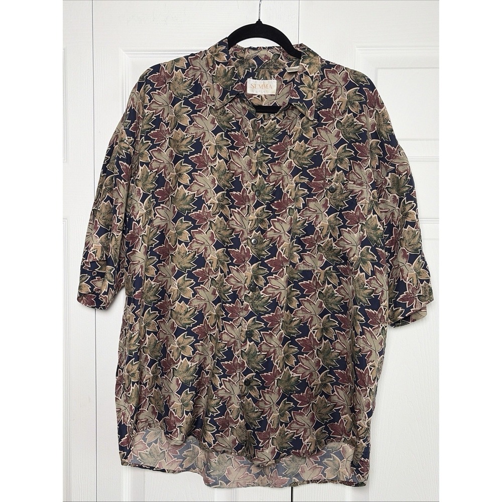 Summa Silk Leaf Print Button Down Mens Size L‎ Navy Green Vintage 90s Silk Shirt